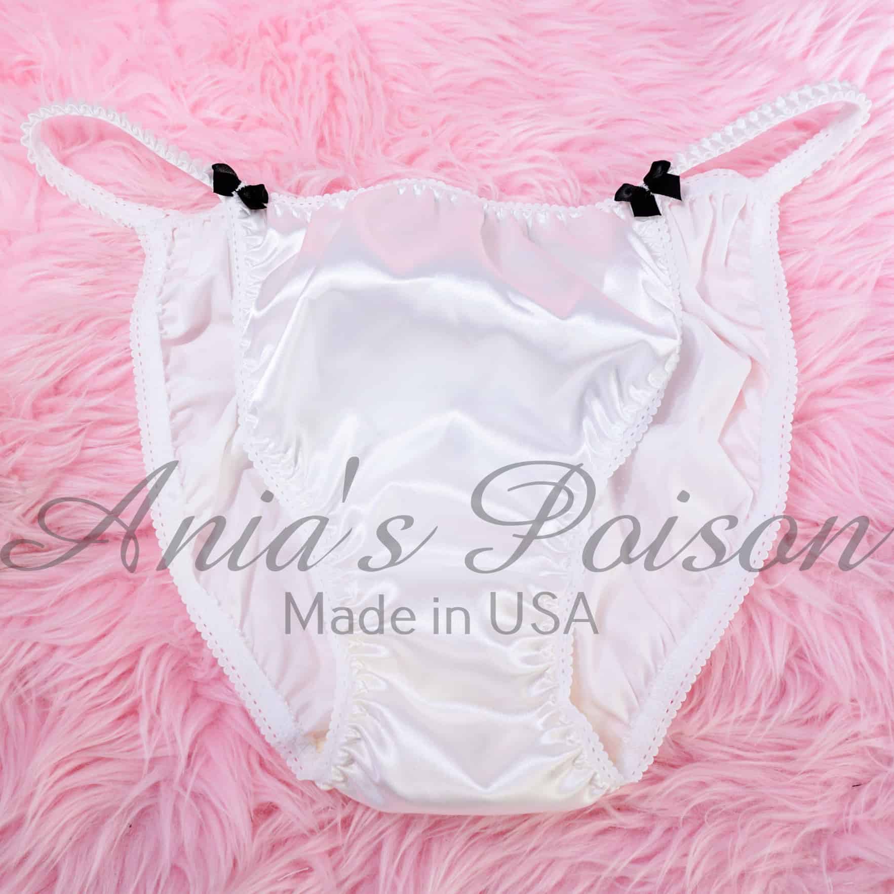Ania's Poison Sissy Satin Panties For Men – Bridal White Shiny String Bikini, Made In USA